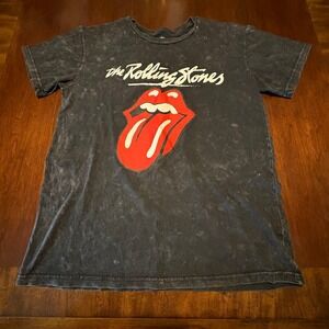 The Rolling Stones XL Acid Wash Black Hot Lips Logo Band T-Shirt Concert License